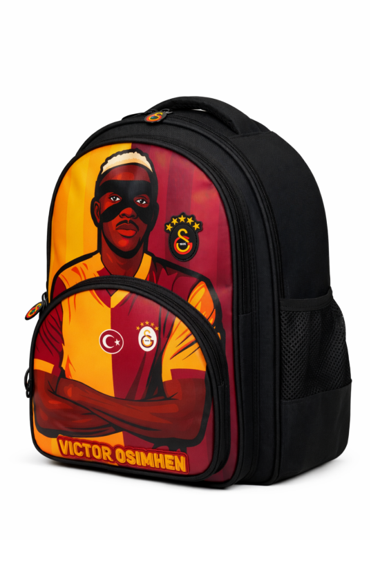 Galatasaray Lisanslı Victor Osimhen Figürlü 3 Bölmeli Okul Çantası - Laptop Bölmeli Su İtici Kumaşlı Sırt Çantası
