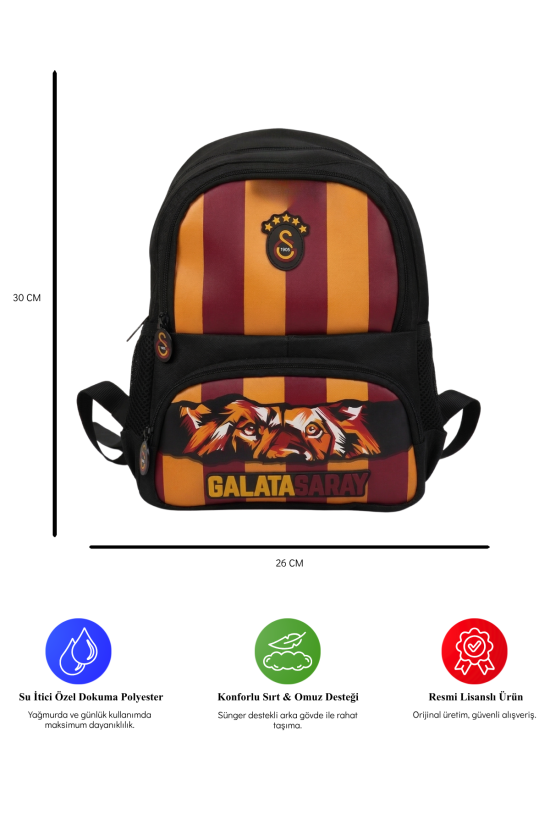 Galatasaray Lisanslı Aslan Desenli 3 Bölmeli Anaokulu Çantası - Su İtici Kumaşlı Sırt Çantası