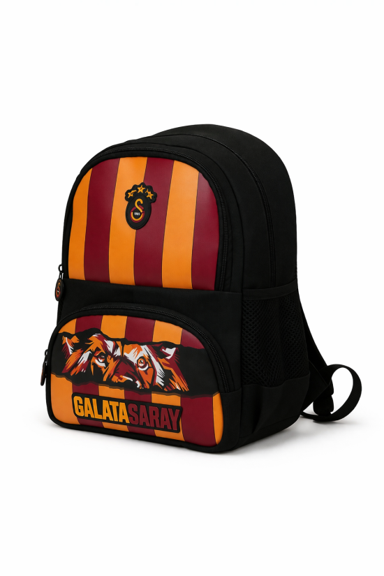 Galatasaray Lisanslı Aslan Desenli 3 Bölmeli Anaokulu Çantası - Su İtici Kumaşlı Sırt Çantası