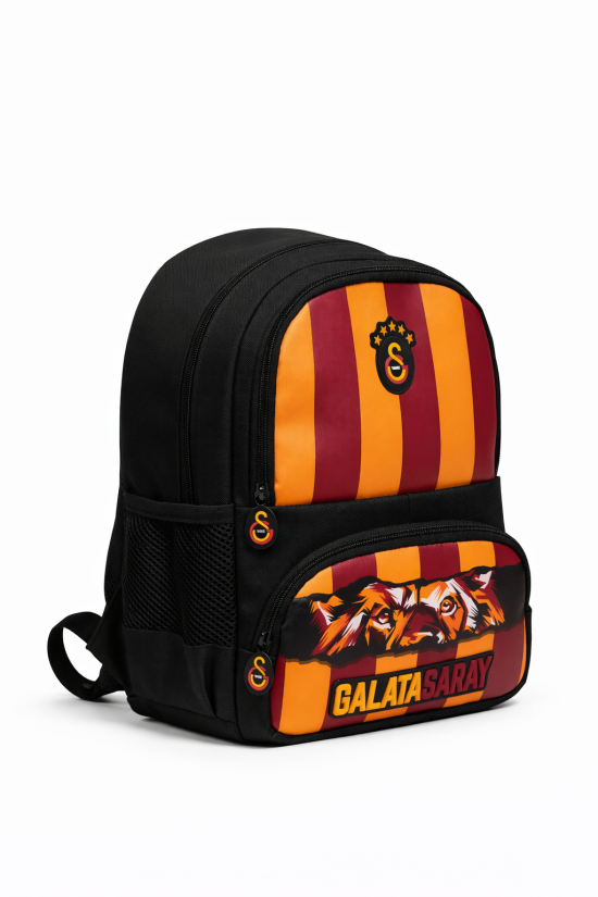 Galatasaray Lisanslı Aslan Desenli 3 Bölmeli Anaokulu Çantası - Su İtici Kumaşlı Sırt Çantası