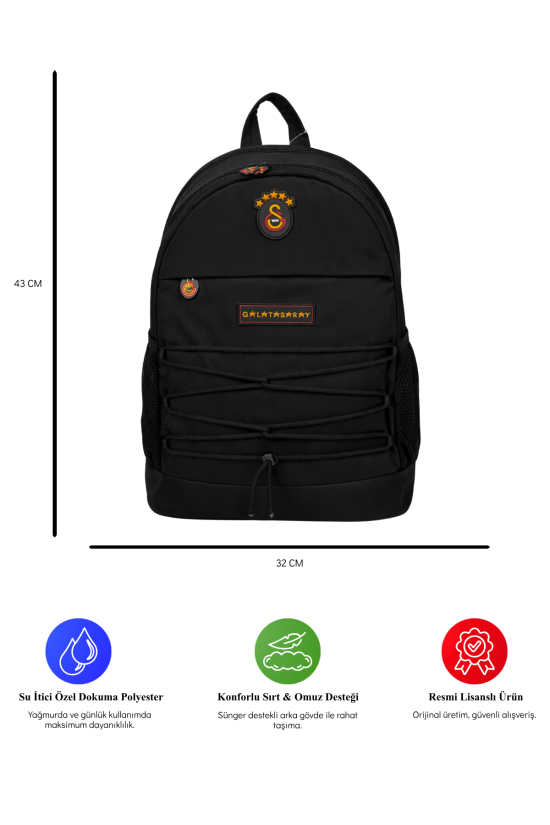 Galatasaray Lisanslı 3 Bölmeli Siyah İpli Sırt Çantası - Laptop Bölmeli Su İtici Kumaş