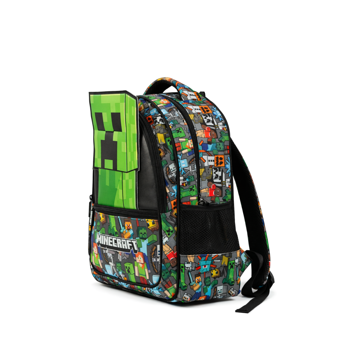 Minecraft Lisanslı Creeper Özel Kesim Panelli 3 Bölmeli Okul Çantası - Yeşil Sırt Çantası