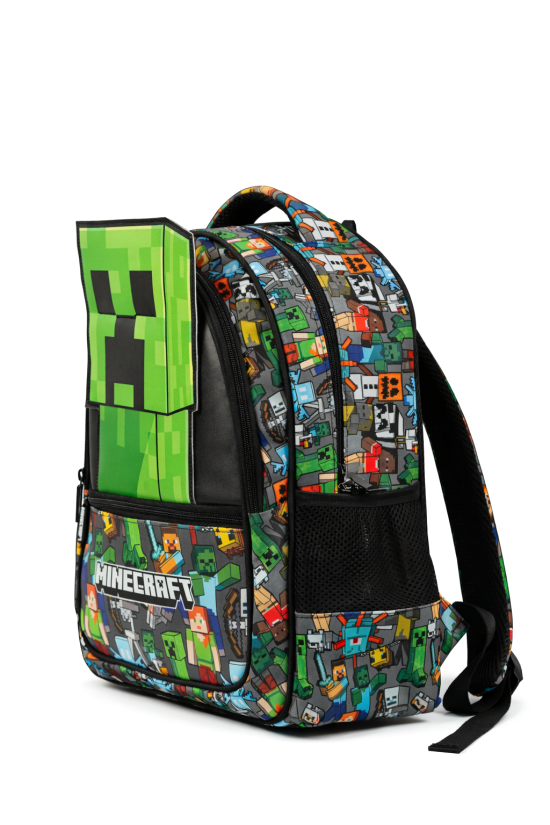 Minecraft Lisanslı Creeper Özel Kesim Panelli 3 Bölmeli Okul Çantası - Yeşil Sırt Çantası