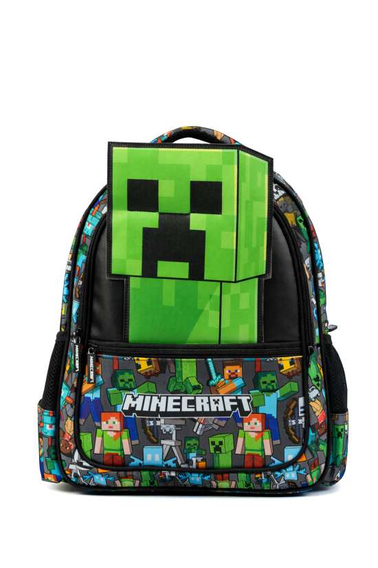Minecraft Lisanslı Creeper Özel Kesim Panelli 3 Bölmeli Okul Çantası - Yeşil Sırt Çantası