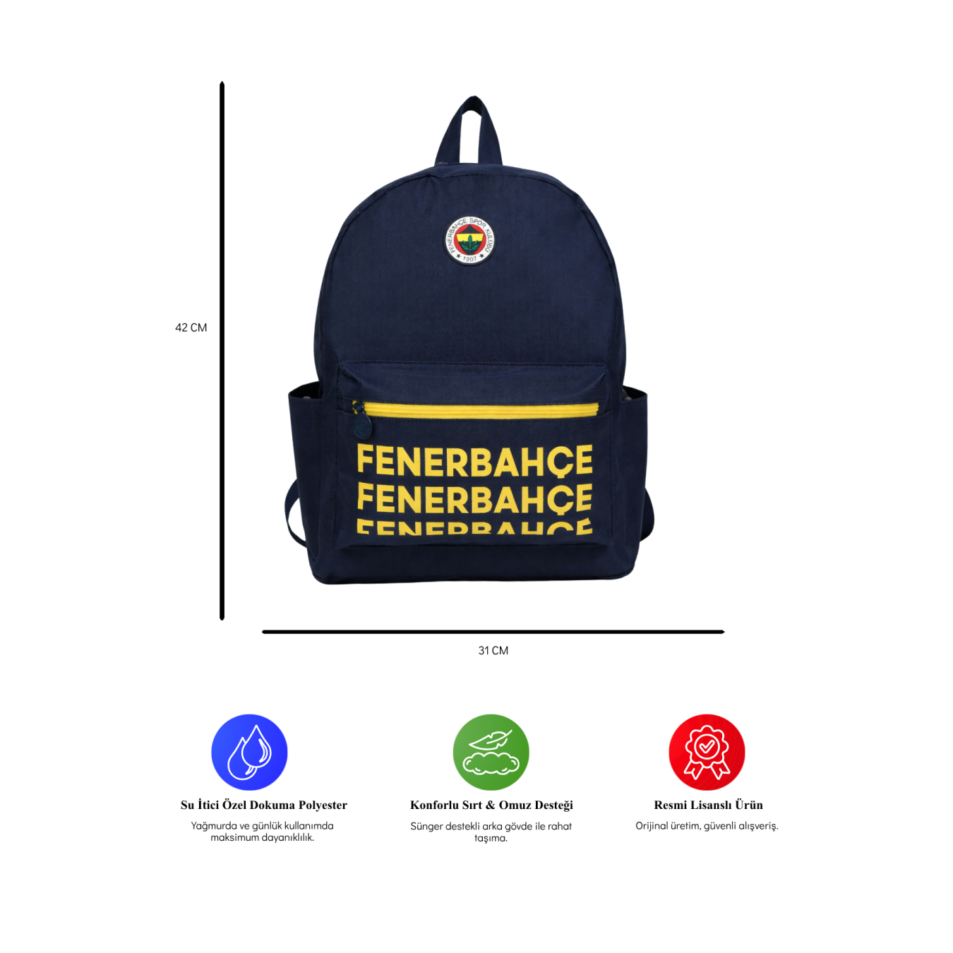 Fenerbahçe Lisanslı Lacivert Üç Bölmeli Sırt Çantası - Serigraf Baskılı Su İtici Kumaşlı Laptop Bölmeli Okul Çantası