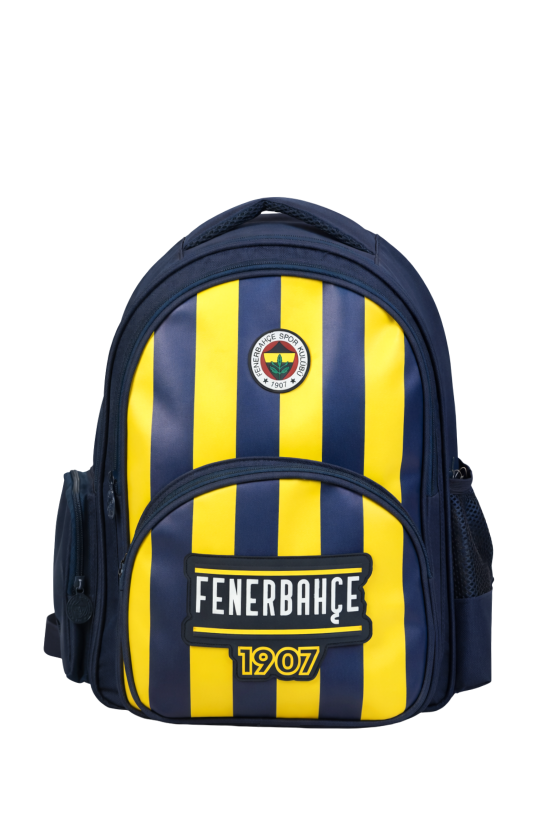 Fenerbahçe Lisanslı Çubuklu Okul Çantası - 3 Bölmeli Suni Deri Panelli Konforlu Sırt Çantası