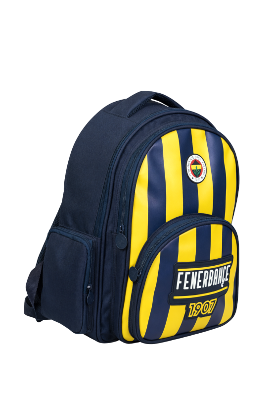Fenerbahçe Lisanslı Çubuklu Okul Çantası - 3 Bölmeli Suni Deri Panelli Konforlu Sırt Çantası