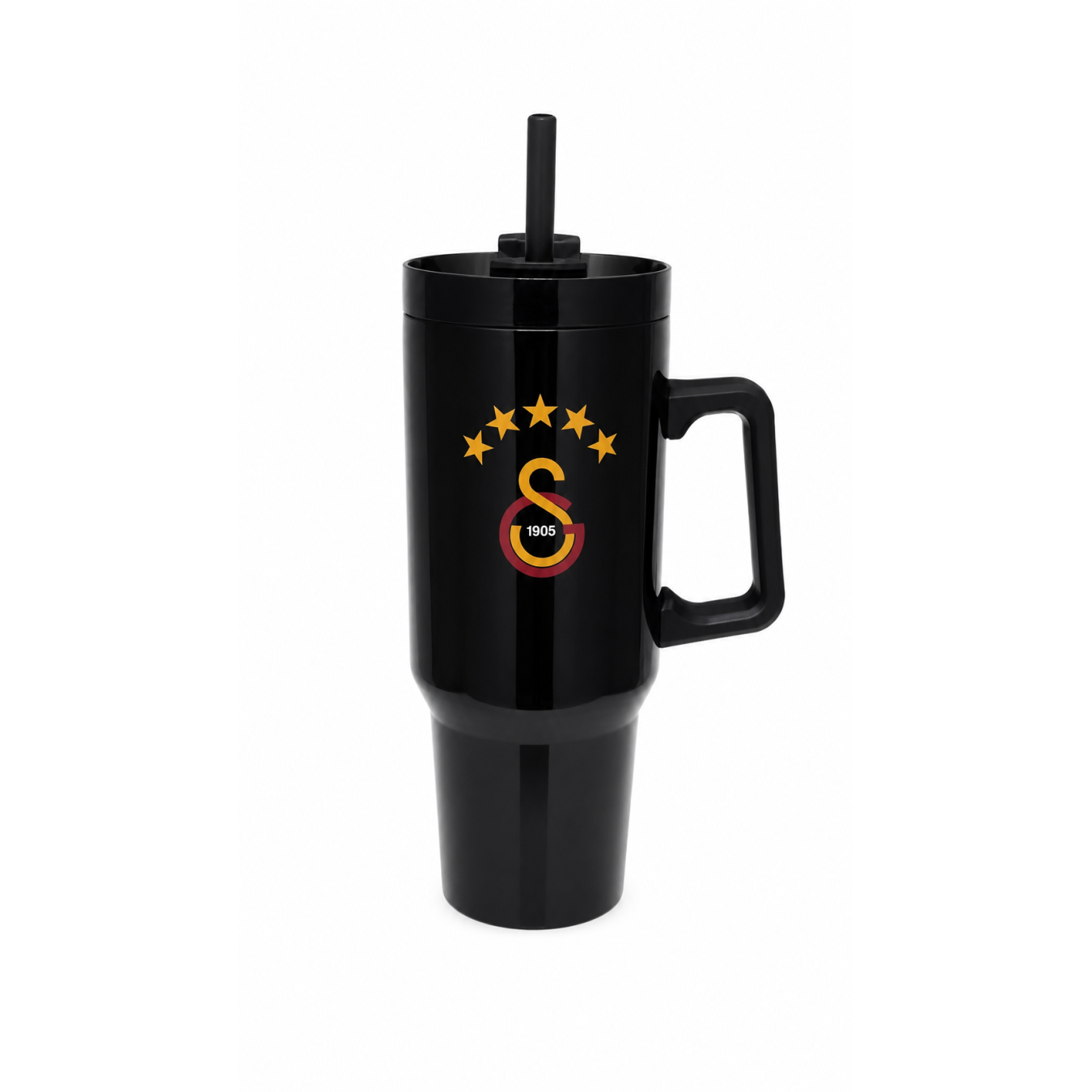 Galatasaray Lisanslı Pipetli Kulplu Termos Mug - Siyah Paslanmaz Çelik Matara 1,20 Litre
