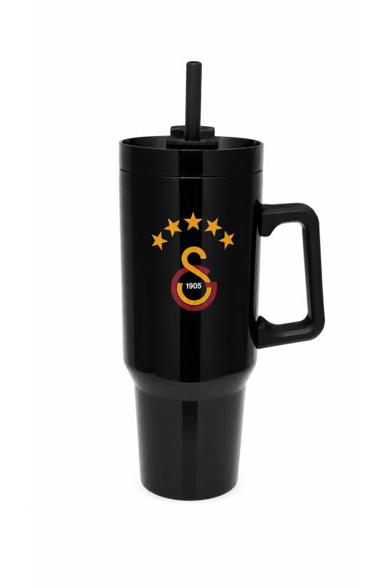 Galatasaray Lisanslı Pipetli Kulplu Termos Mug - Siyah Paslanmaz Çelik Matara 1,20 Litre