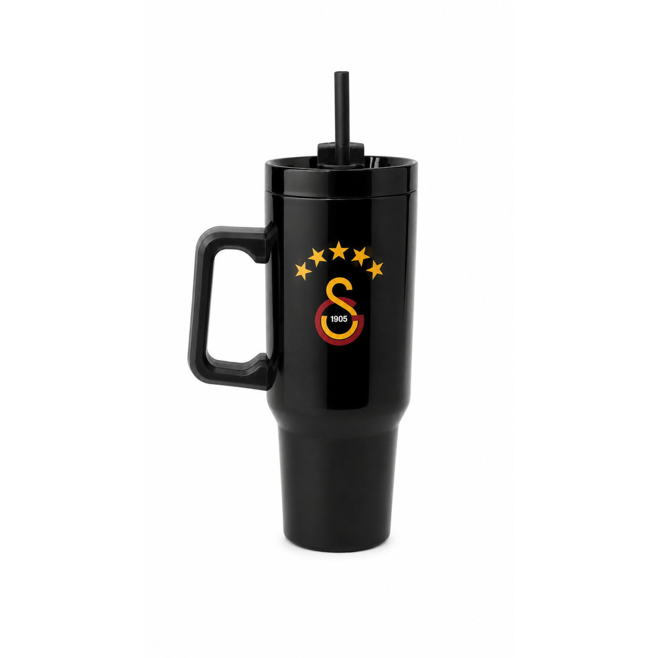 Galatasaray Lisanslı Pipetli Kulplu Termos Mug - Siyah Paslanmaz Çelik Matara 1,20 Litre