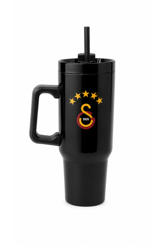 Galatasaray Lisanslı Pipetli Kulplu Termos Mug - Siyah Paslanmaz Çelik Matara 1,20 Litre