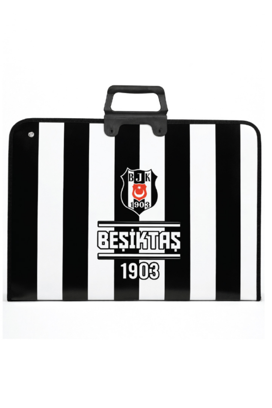 Beşiktaş Lisanslı Çubuklu Amblem Baskılı Proje Çantası - Askılı Fermuarlı Resim Çantası 35x50 cm