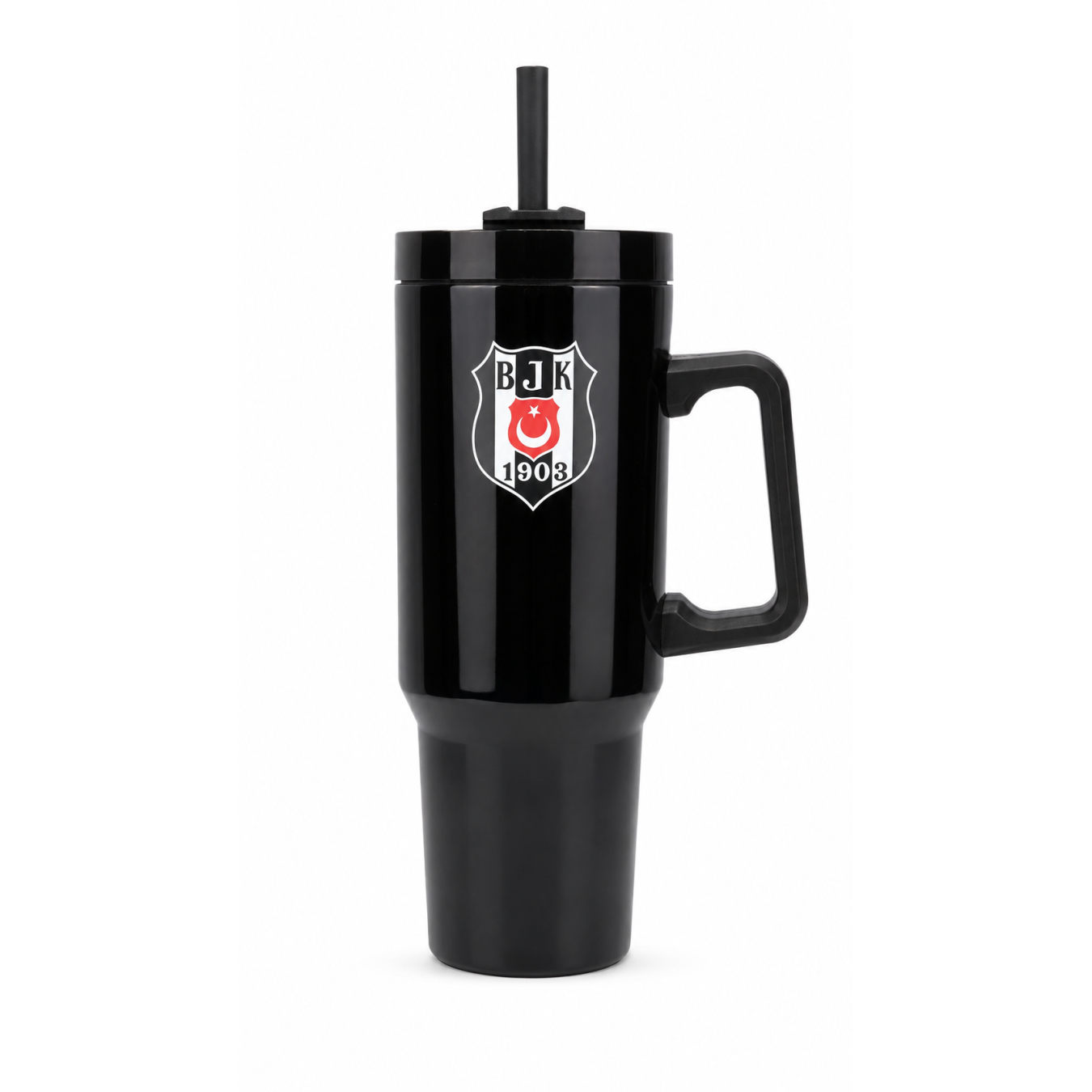 Beşiktaş Lisanslı Pipetli Kulplu Termos Mug - Siyah Paslanmaz Çelik Matara 1,20 Litre