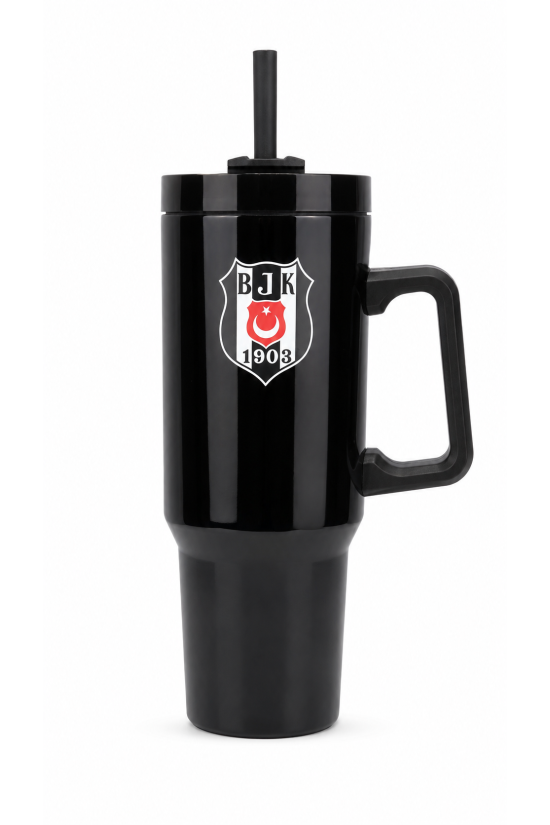Beşiktaş Lisanslı Pipetli Kulplu Termos Mug - Siyah Paslanmaz Çelik Matara 1,20 Litre
