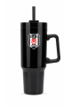 Beşiktaş Lisanslı Pipetli Kulplu Termos Mug - Siyah Paslanmaz Çelik Matara 1,20 Litre
