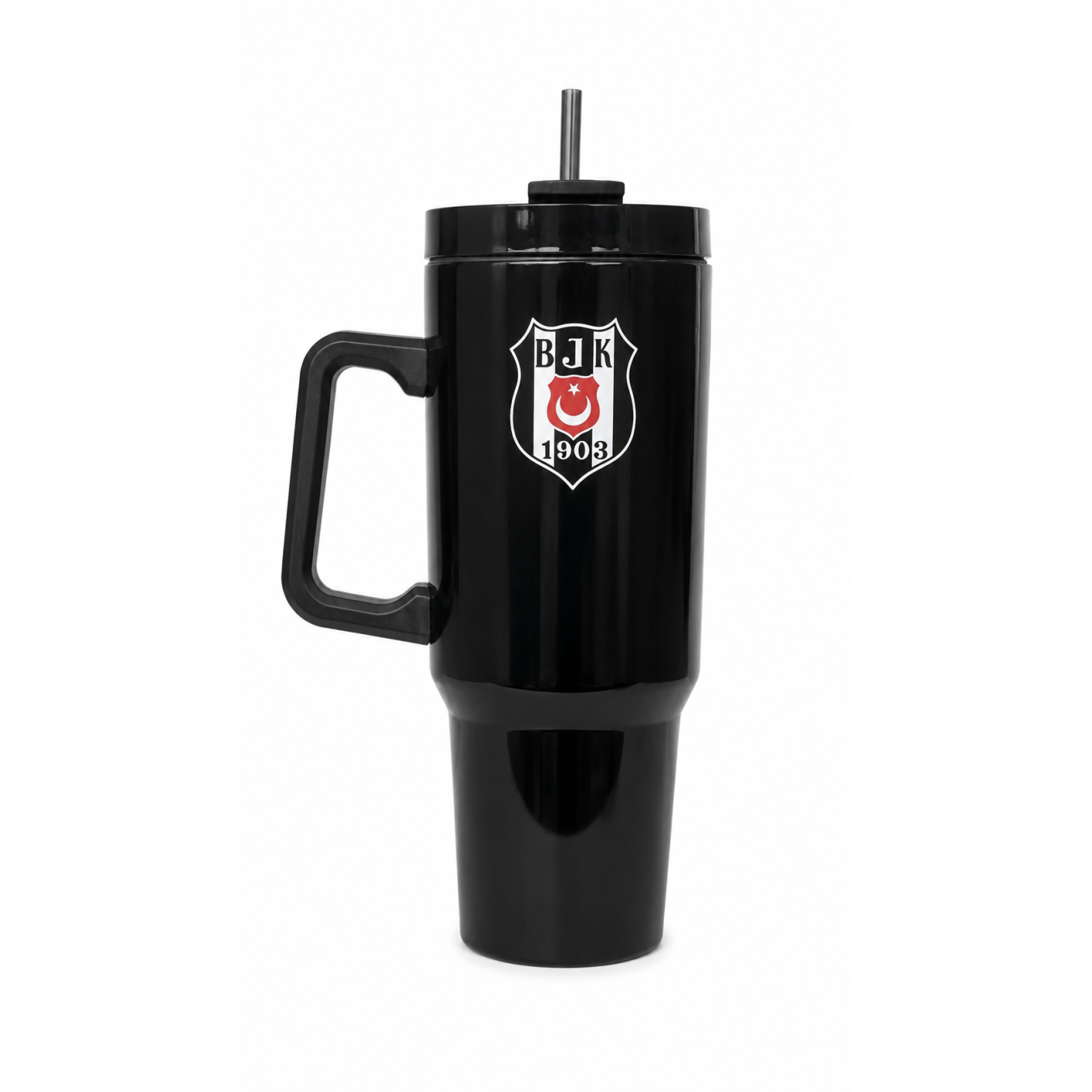 Beşiktaş Lisanslı Pipetli Kulplu Termos Mug - Siyah Paslanmaz Çelik Matara 1,20 Litre