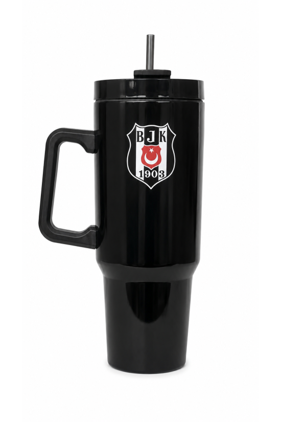 Beşiktaş Lisanslı Pipetli Kulplu Termos Mug - Siyah Paslanmaz Çelik Matara 1,20 Litre