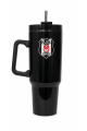 Beşiktaş Lisanslı Pipetli Kulplu Termos Mug - Siyah Paslanmaz Çelik Matara 1,20 Litre