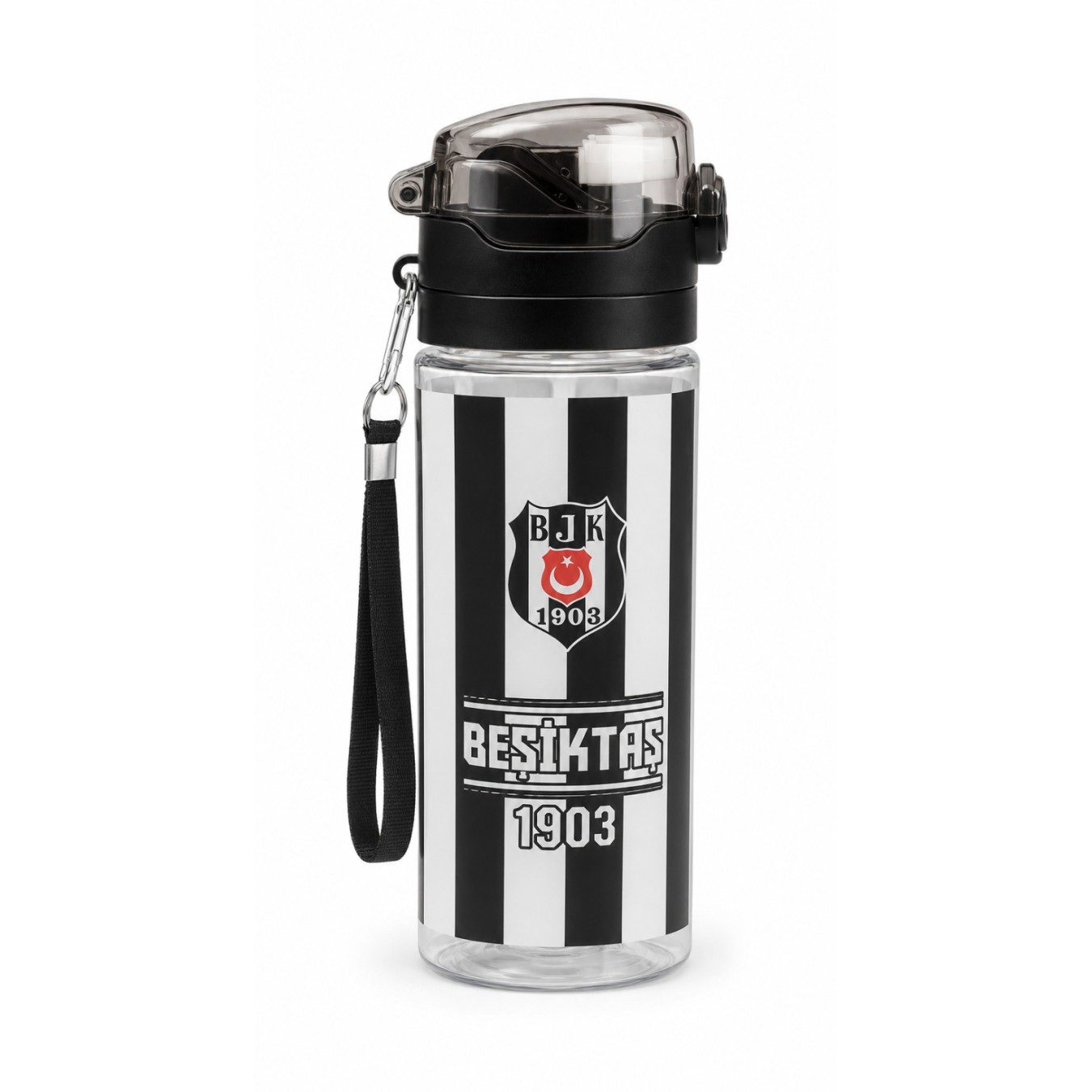 Beşiktaş Lisanslı Pipetli Plastik Matara - Kara Kartal Baskılı Kilitli Kapak Su Matarası 500 ml