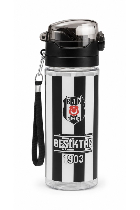 Beşiktaş Lisanslı Pipetli Plastik Matara - Kara Kartal Baskılı Kilitli Kapak Su Matarası 500 ml
