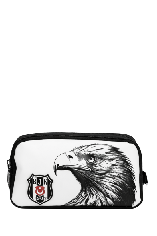 Beşiktaş Lisanslı Çift Bölmeli Kartal Desenli Kalemlik - Rubber Logolu Su İtici Kumaşlı Kalem Kutusu