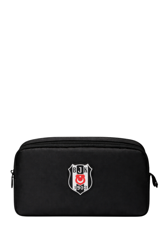 Beşiktaş Lisanslı Rubber Logo Kalemlik - Siyah Su İtici Kumaşlı Çift Bölmeli Kalem Çantası