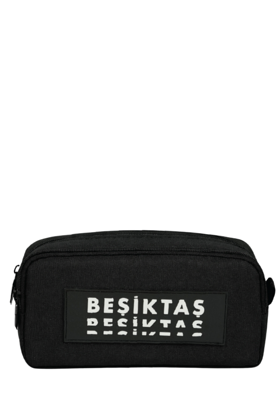Beşiktaş Lisanslı Siyah Yazılı Kalemlik - Çift Bölmeli Su İtici Kumaşlı Kalem Çantası