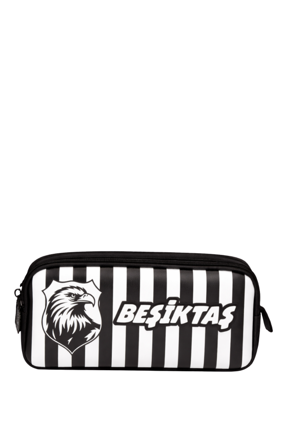 Beşiktaş Lisanslı Siyah Beyaz Çizgili Kalemlik - Karakartal Logolu 2 Bölmeli Su İtici Kumaşlı Kalem Çantası
