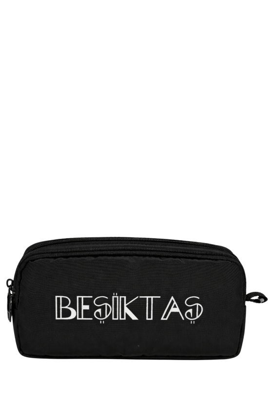 Beşiktaş Lisanslı Siyah Paraşüt Kumaş Kalemlik - Çift Bölmeli Su İtici Kumaşlı Kalem Çantası