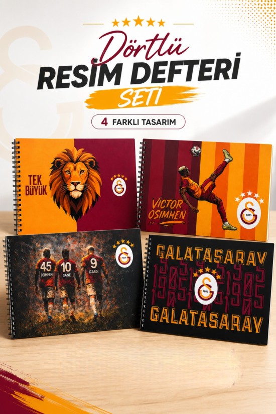 Galatasaray Lisanslı Spiralli Resim Defteri Seti - 4lü Farklı Tasarım 15 Yaprak 17x24 Okul Boy