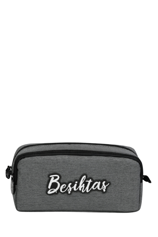 Beşiktaş Lisanslı Gri El Yazılı Kalemlik - Çift Bölmeli Su İtici Kumaşlı Kalem Çantası