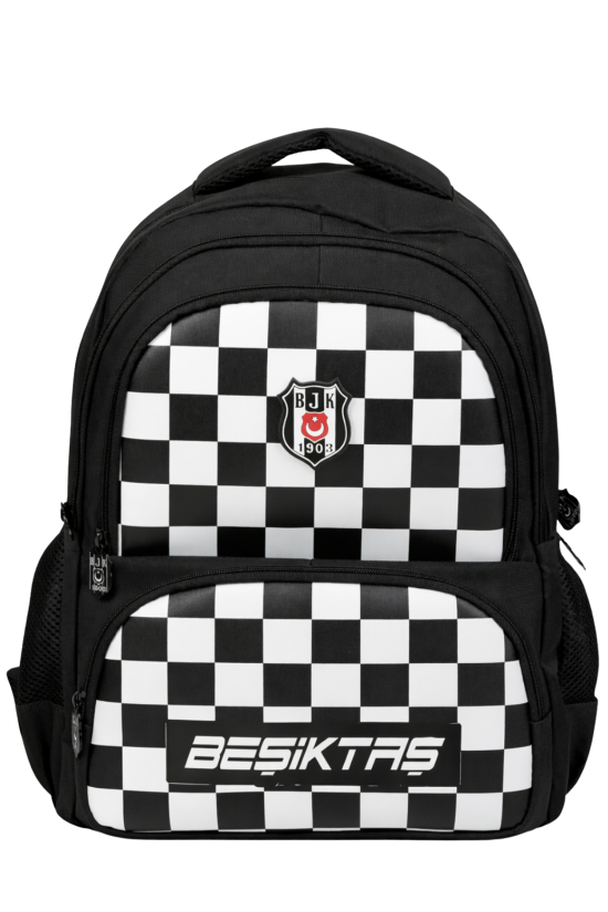 Beşiktaş Lisanslı 4 Bölmeli Dama Desenli Okul Çantası - Rubber Logolu Su İtici Kumaşlı Okul Sırt Çantası