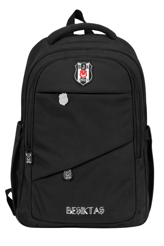 Beşiktaş Lisanslı Çapraz Cep Detaylı Siyah Sırt Çantası - Laptop Bölmeli Okul Çantası