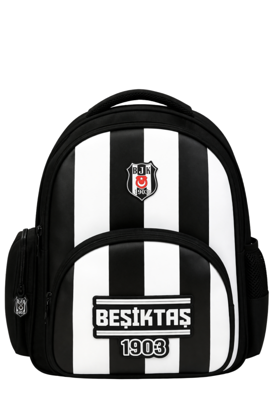 Beşiktaş Lisanslı 3 Bölmeli Çubuklu Desen Okul Çantası - Rubber Logolu Su İtici Kumaşlı Sırt Çantası