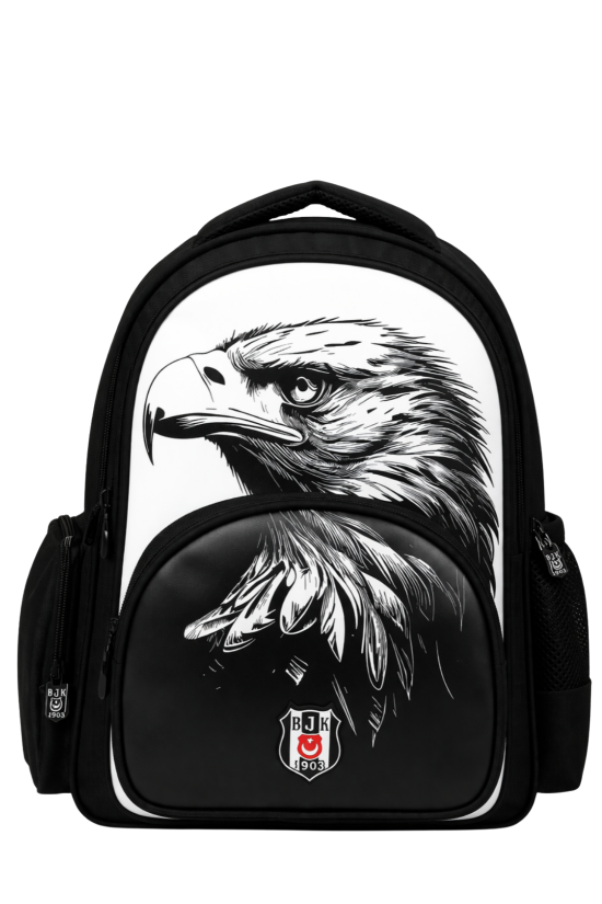 Beşiktaş Lisanslı 3 Bölmeli Kartal Desenli Okul Çantası - Rubber Logolu Su İtici Kumaşlı Okul Sırt Çantası