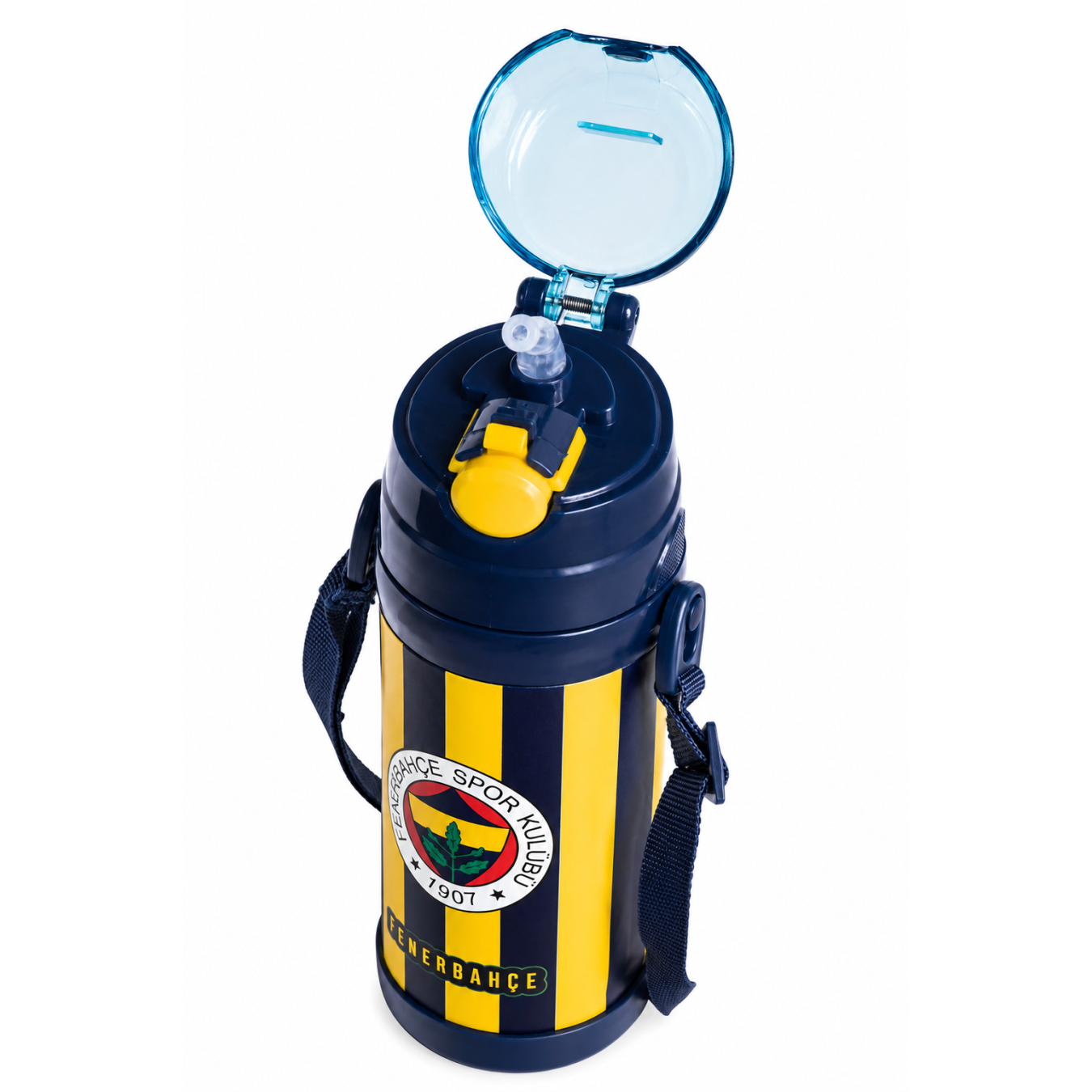 Fenerbahçe Lisanslı Silikon Pipetli Çelik Matara - Çubuklu Desenli Paslanmaz Su Matarası 425 ml