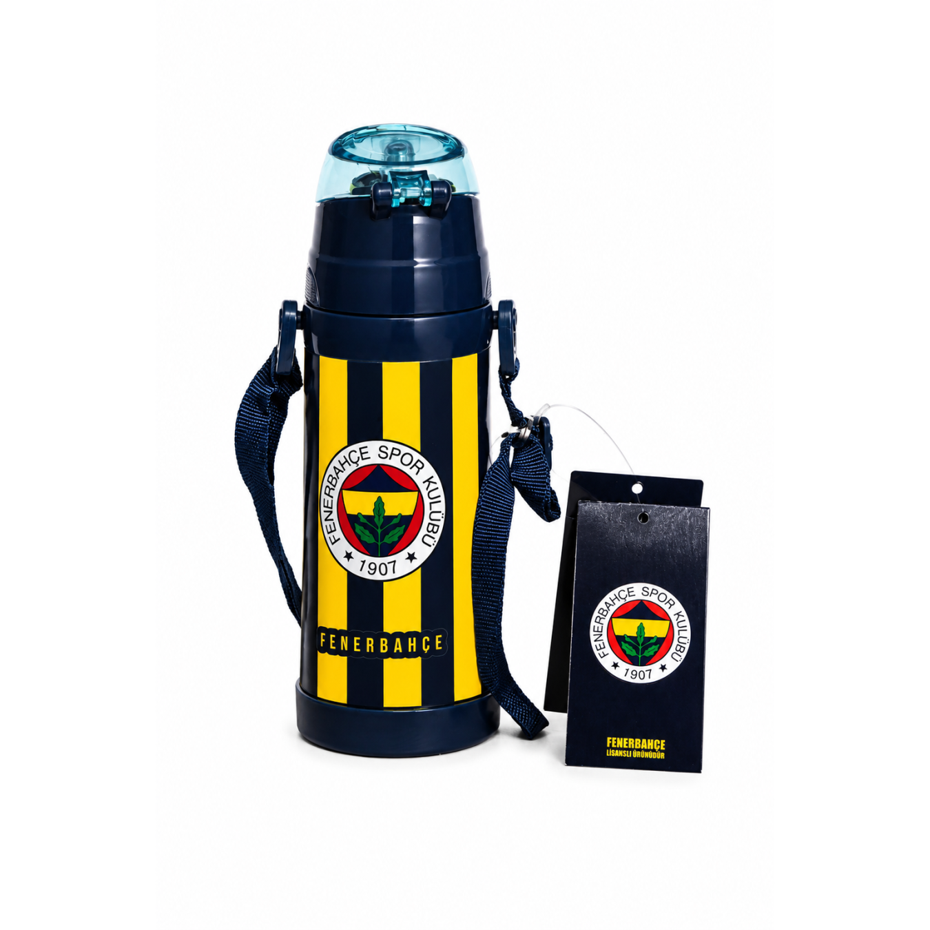 Fenerbahçe Lisanslı Silikon Pipetli Çelik Matara - Çubuklu Desenli Paslanmaz Su Matarası 425 ml