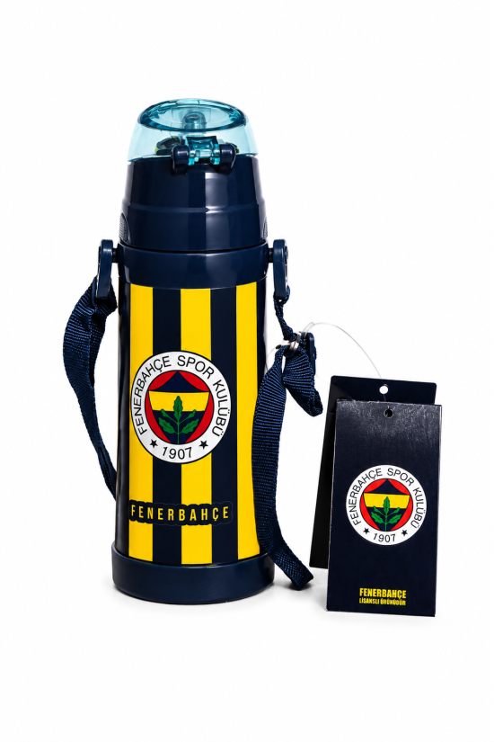 Fenerbahçe Lisanslı Silikon Pipetli Çelik Matara - Çubuklu Desenli Paslanmaz Su Matarası 425 ml