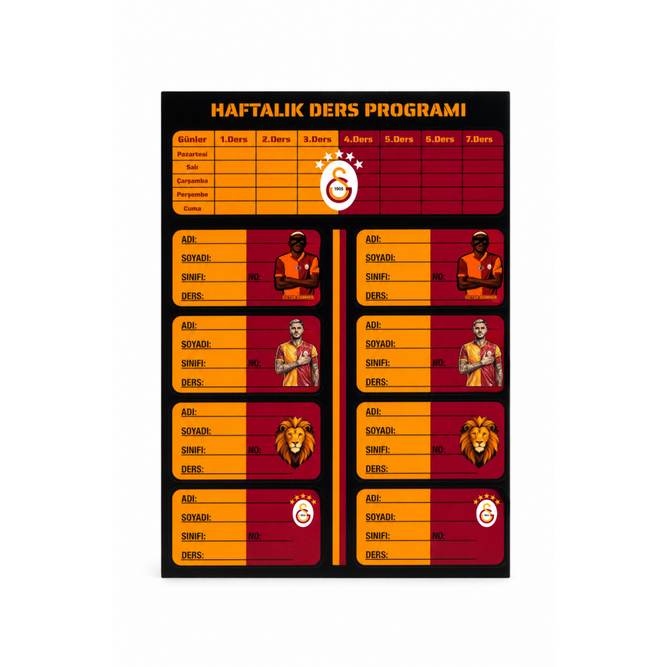 Galatasaray Lisanslı Haftalık Ders Programı ve Okul Etiketi Seti - 12'li Taraftar Okul Seti
