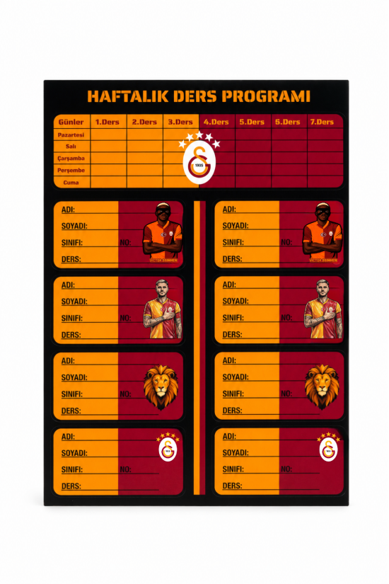 Galatasaray Lisanslı Haftalık Ders Programı ve Okul Etiketi Seti - 12'li Taraftar Okul Seti