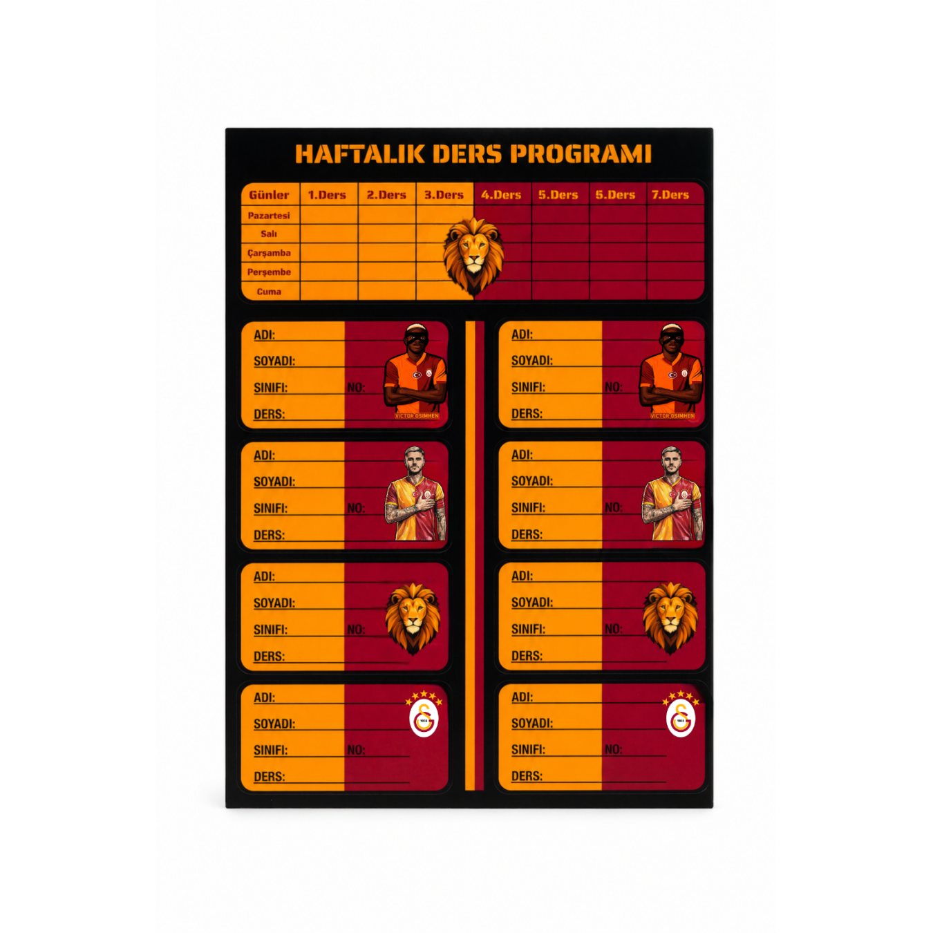 Galatasaray Lisanslı Haftalık Ders Programı ve Okul Etiketi Seti - 12'li Taraftar Okul Seti