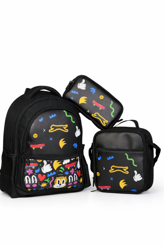 Slazenger Lisanslı 3’lü Figürlü Okul Seti Siyah – Okul Çantası, Beslenme Çantası ve Kalemlik