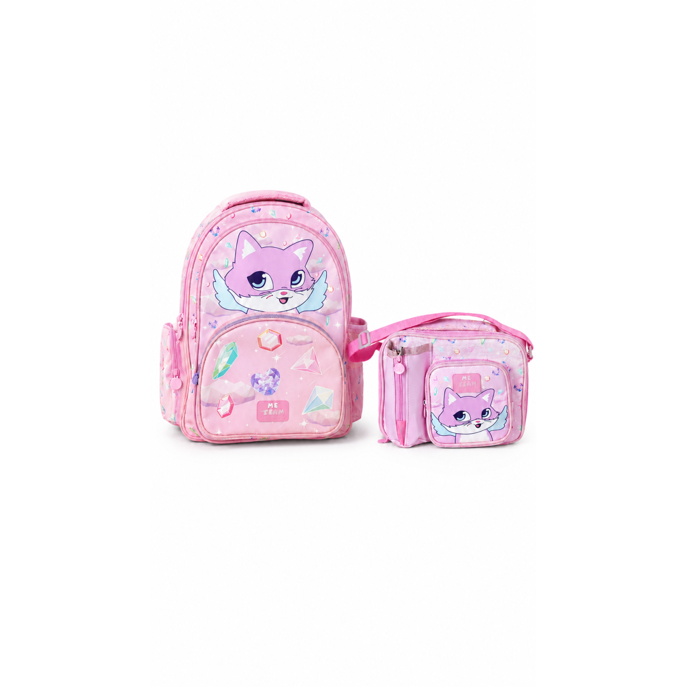 ME TEAM Pembe Kedi ve Kristal Desenli İlkokul Çantası ve Beslenme Çantası İkili Okul Seti Pembe