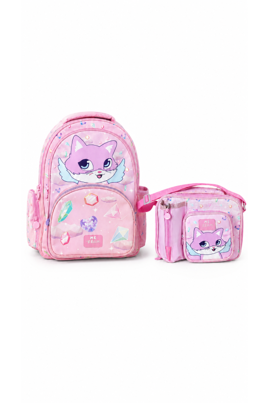 ME TEAM Pembe Kedi ve Kristal Desenli İlkokul Çantası ve Beslenme Çantası İkili Okul Seti Pembe