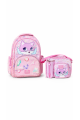 ME TEAM Pembe Kedi ve Kristal Desenli İlkokul Çantası ve Beslenme Çantası İkili Okul Seti Pembe
