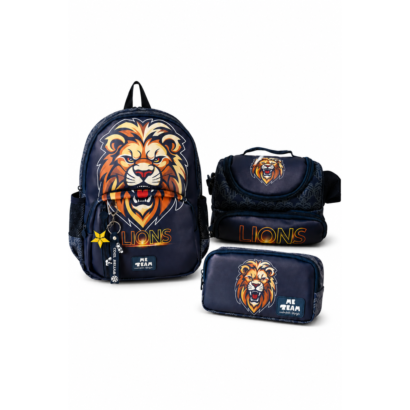 ME TEAM Lions Aslan Baskılı İlkokul Çantası Beslenme Çantası ve Kalemlik Üçlü Okul Seti Lacivert