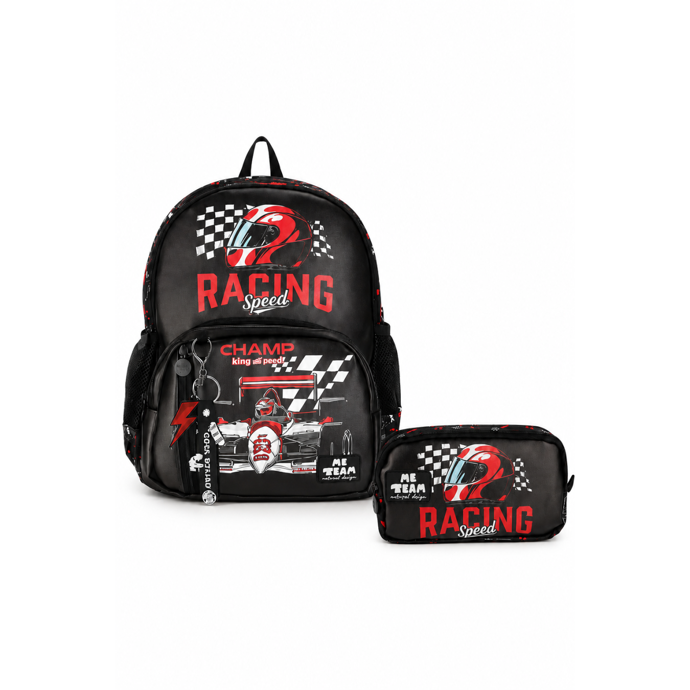 ME TEAM Racing Speed Yarış Arabası Baskılı İlkokul Çantası ve Kalemlik İkili Okul Seti Siyah