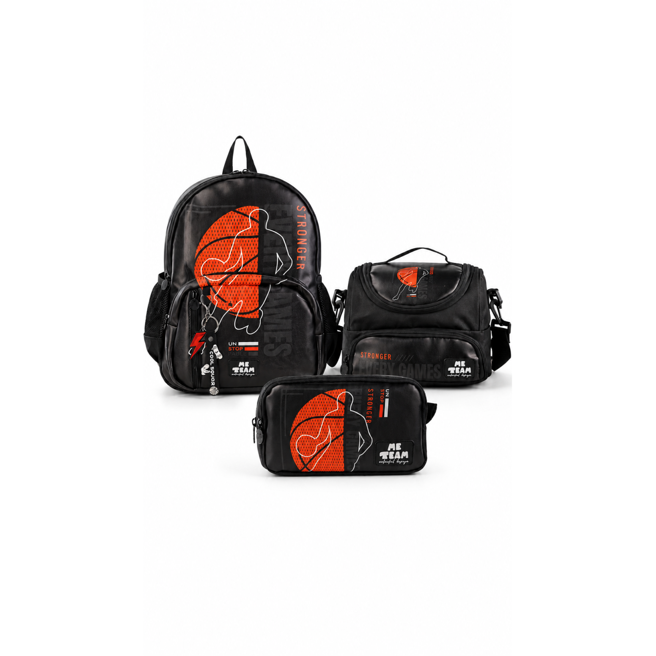 ME TEAM Stronger Basketbol Baskılı İlkokul Çantası Beslenme Çantası ve Kalemlik Üçlü Okul Seti Siyah