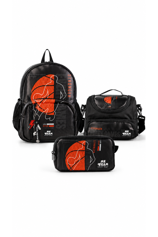 ME TEAM Stronger Basketbol Baskılı İlkokul Çantası Beslenme Çantası ve Kalemlik Üçlü Okul Seti Siyah