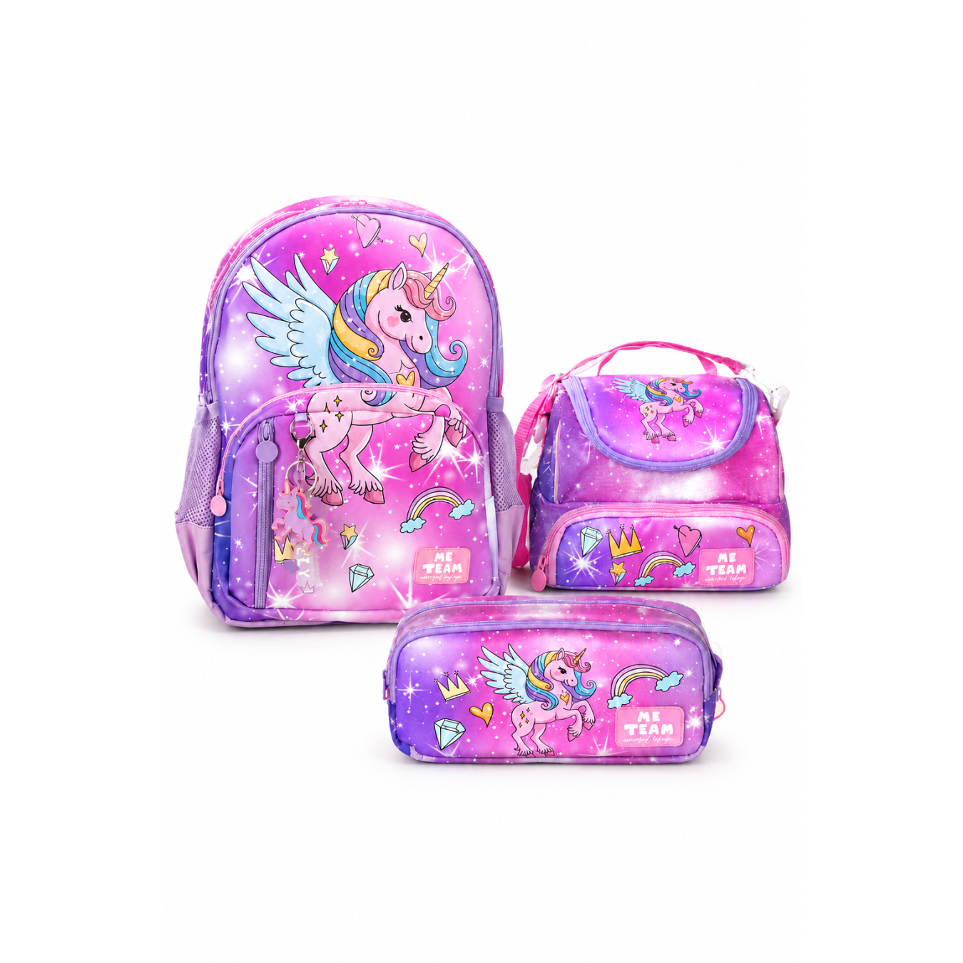 Me Team Unicorn Gökkuşağı ve Tekboynuz Baskılı İlkokul Çantası Beslenme Çantası ve Kalemlik Üçlü Okul Seti Pembe